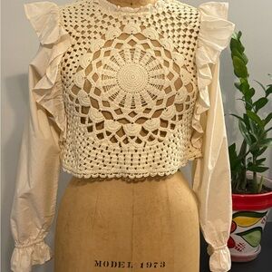Zara Cream Crochet Blouse with Ruffled Sleeves